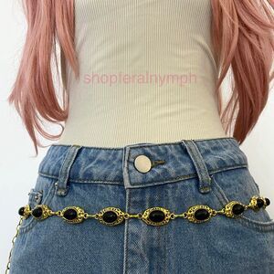 Gold Y2K Black Stone Boho Oval Waist Chain Belt, Fits 19 to 39 Inches, X7GA1504